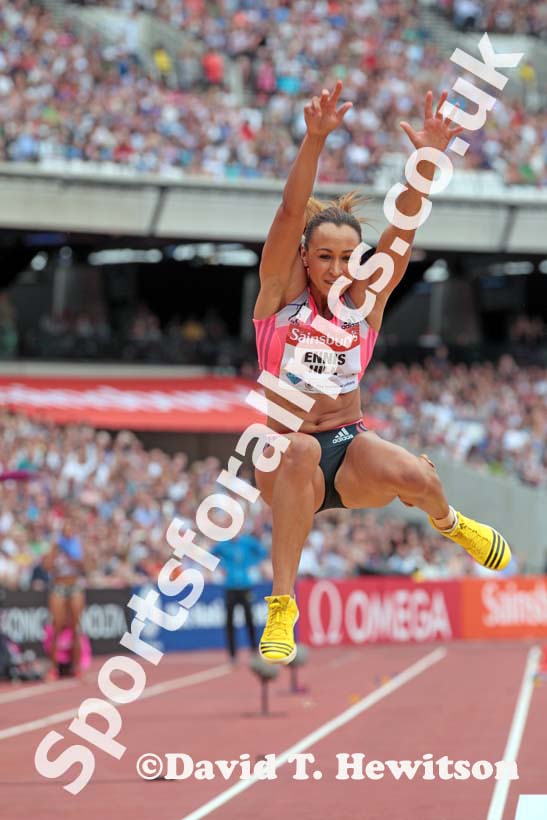 Jessica Ennis-Hill taking part in the long jump at the  2013 IAAF Diamond League, Sainsbury's Anniversary Games, Queen Elizabeth Olympic Park, London.